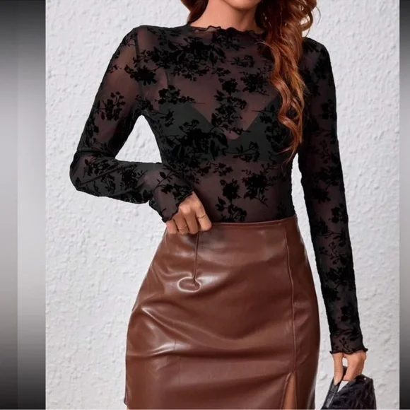 Black Floral Pattern Mesh Long Sleeve Fitted Sheer Shirt Stretchy - Picture 3 of 6